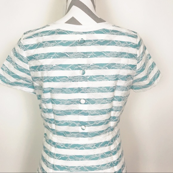 Esley Mint Green White Striped Lace Dress A Line French Buttons Scoop Neck - Picture 6 of 8